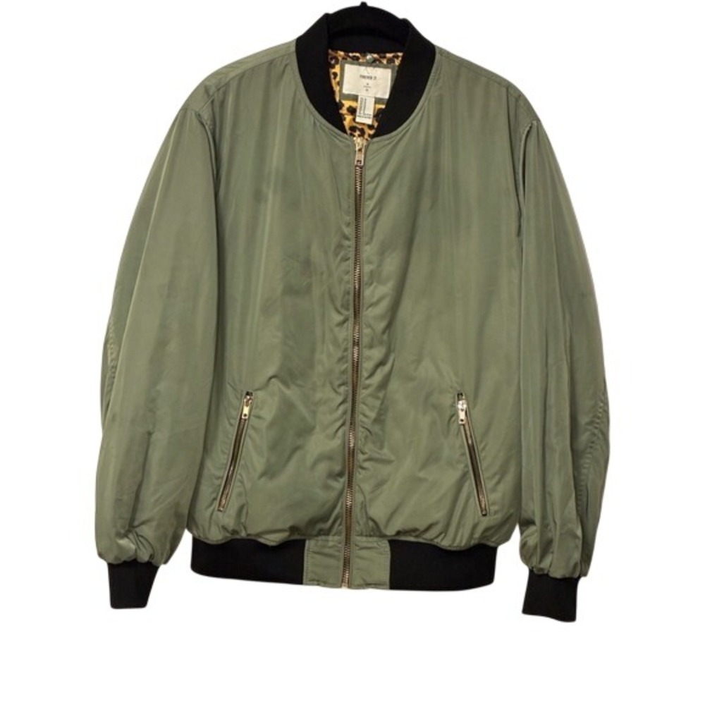 Forever 21 Olive Green Bomber Jacket with Black and Gold Leopard Lining